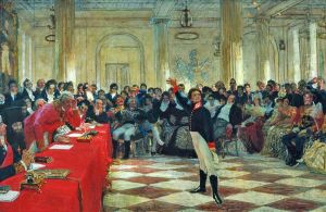 Alexander Sergeyevich Pushkin recites his poem before Gavrila Derzhavin during the Tsarskoye Selo Lyceum exam on January 8th, 1815