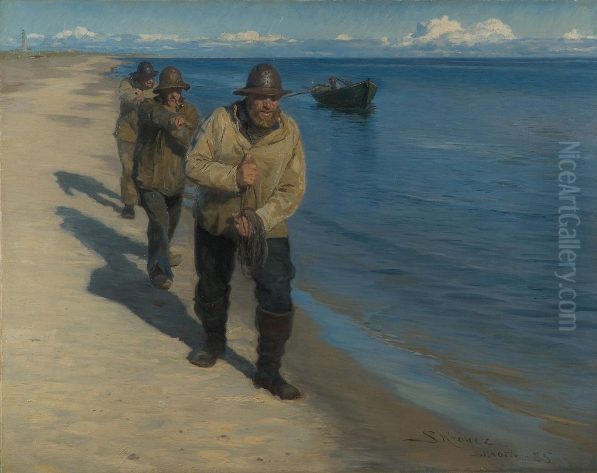 Tre fiskere traekker en bad. Oil Painting by Peder Severin Kroyer