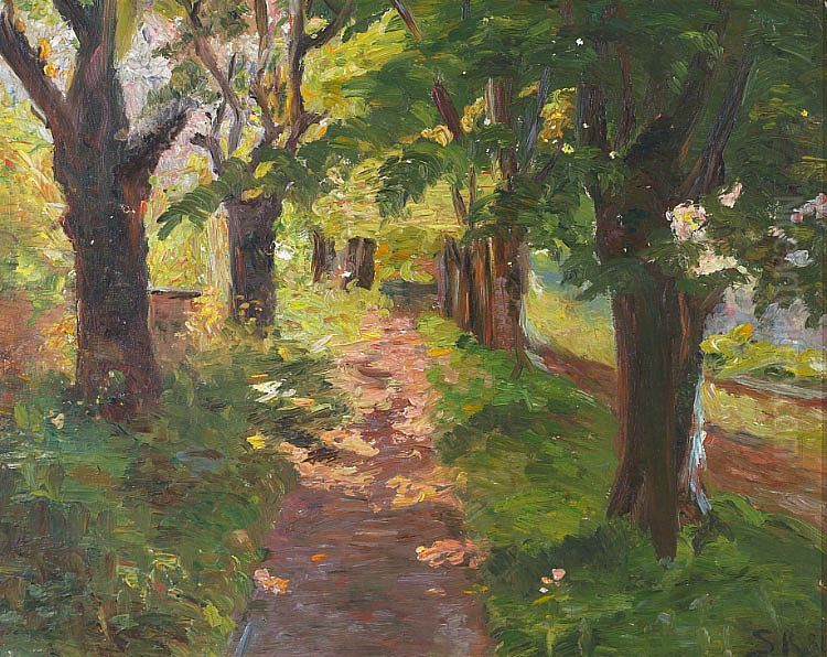 Sollys gennem traeer i Skagen Plantage. Oil Painting by Peder Severin Kroyer