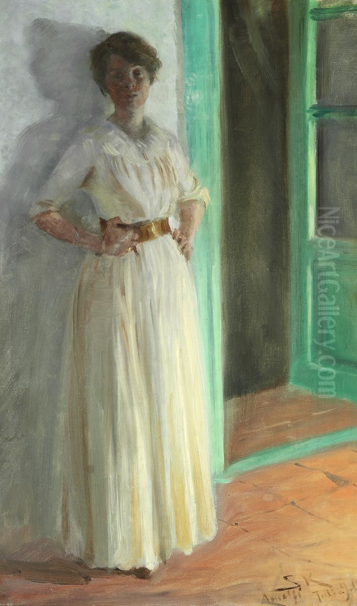 Marie Kroyer. Full-length portrait. Evening with lamplight on the terrace Oil Painting by Peder Severin Kroyer