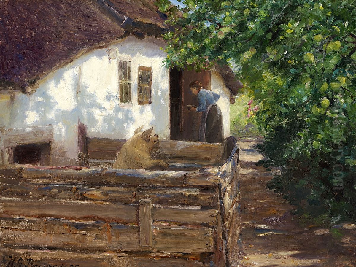 Feeding time for the pig. Oil Painting by H. A. Brendekilde