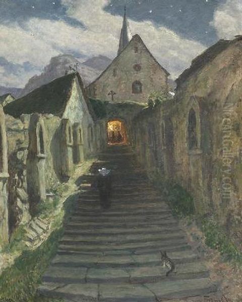 Mondschein in Alken an der Mosel. Nachtlicher Treppenaufgang zur Michaeliskapelle. Oil Painting by Fritz Von Wille