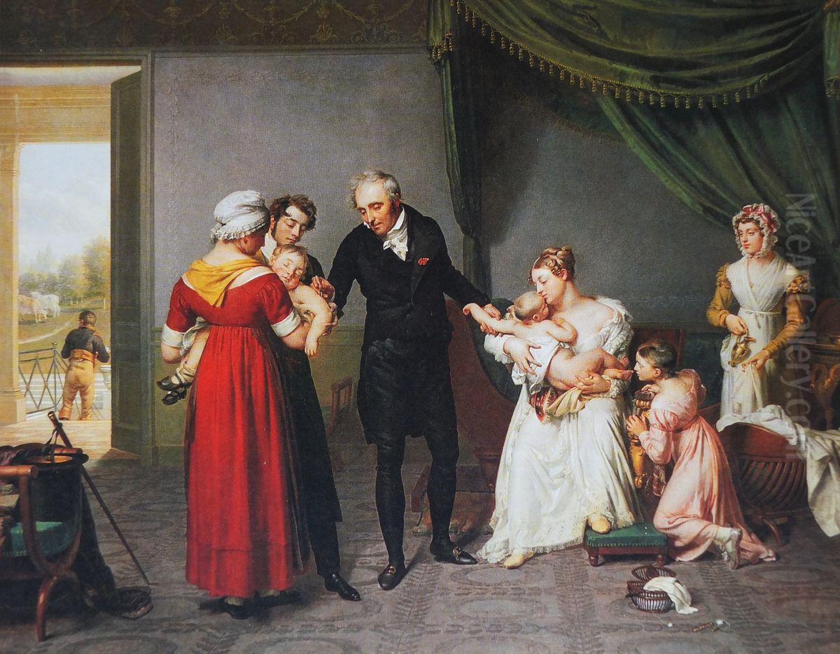 The doctor Jean Louis Alibert (1768-1837) carrying out an anti-smallpox vaccination Oil Painting by Constant-Joseph Desbordes