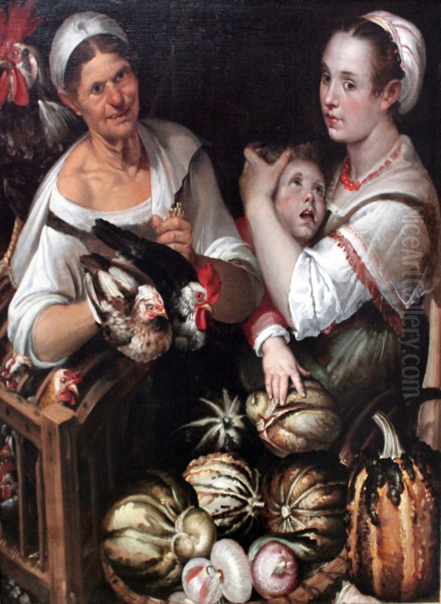 Two market women and a boy with chicken and vegetables Oil Painting by Bartolomeo Passarotti