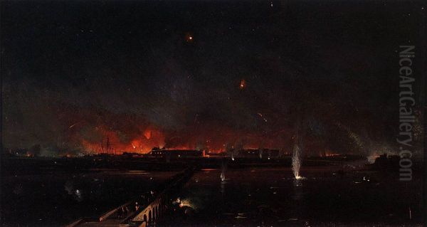 Bombardment of Marghera made by the Austrian Army on the Night of May 24, 1849 Oil Painting by Ippolito Caffi