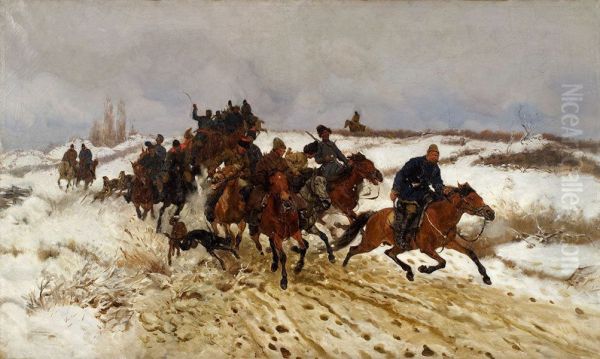 Departure on hunting. Oil Painting by Jozef Chelmonski