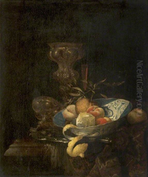 Still life with columbine cup, porcelain bowl with fruit and glasses Oil Painting by Willem Kalf
