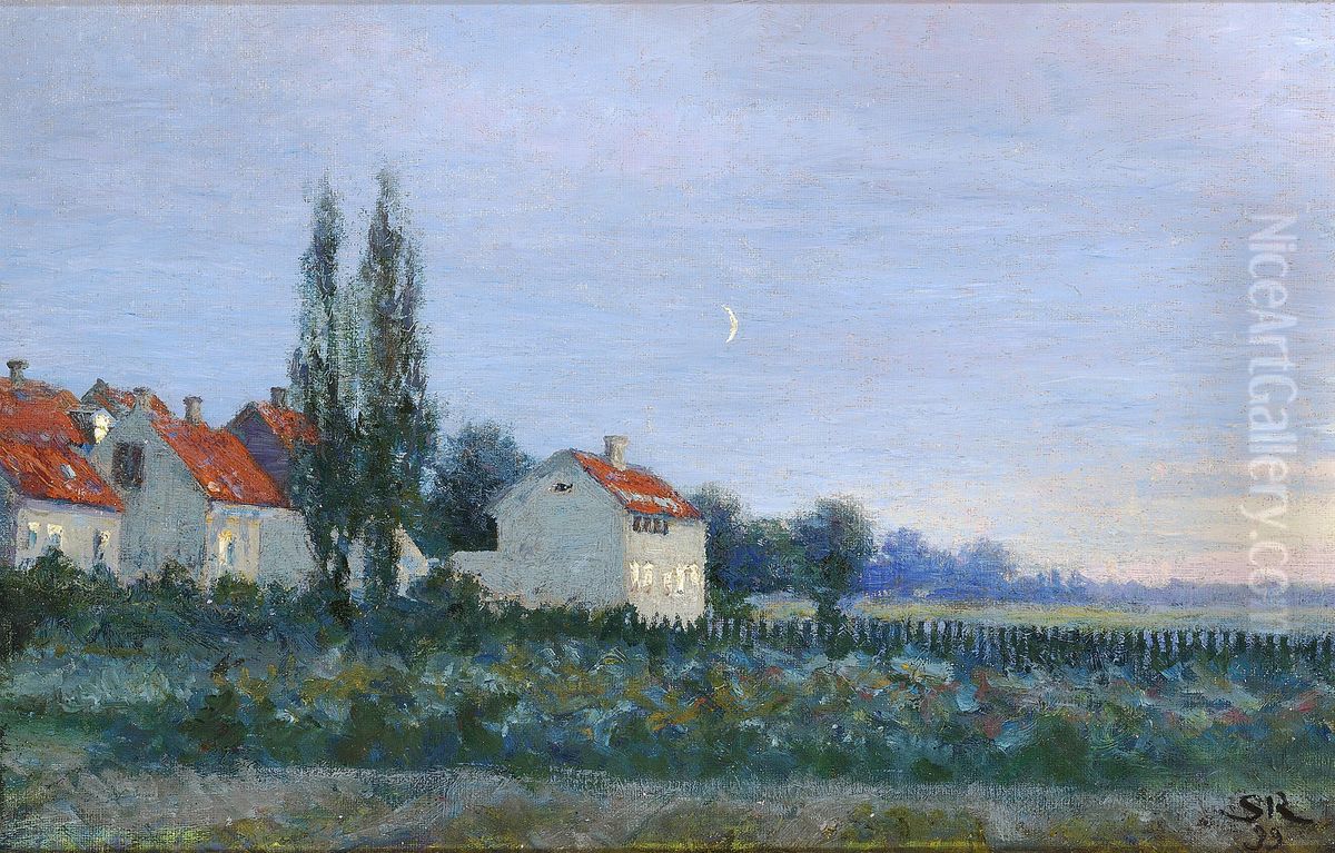 Evening scene with houses and poplars. Oil Painting by Peder Severin Kroyer