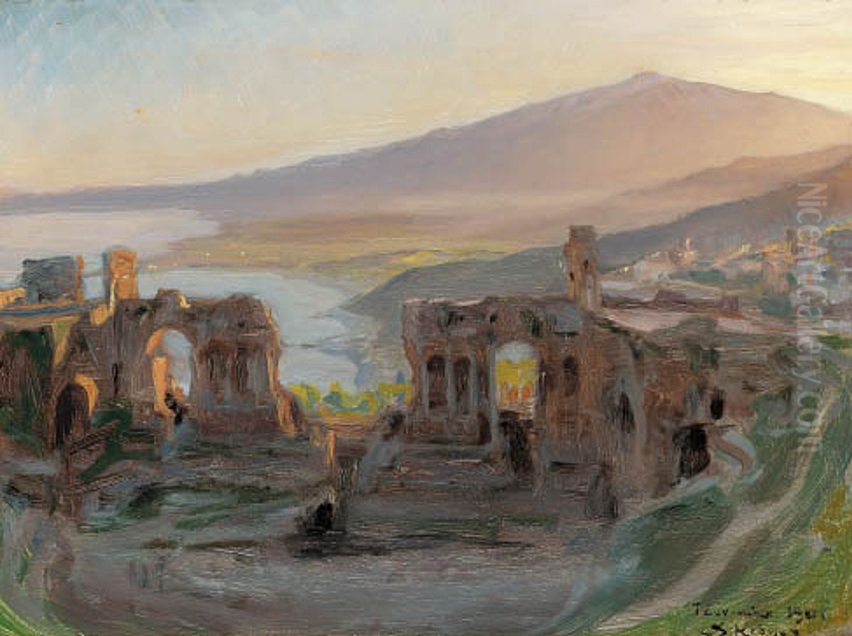 Evening landscape by the antique theatre in Taormina with a view of Etna and the Gulf. Oil Painting by Peder Severin Kroyer