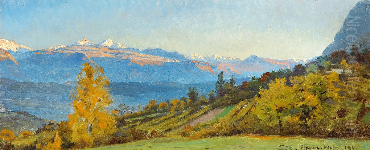 Autumn landscape. View from Castle St. Valentin in Tyrol. Oil Painting by Peder Severin Kroyer