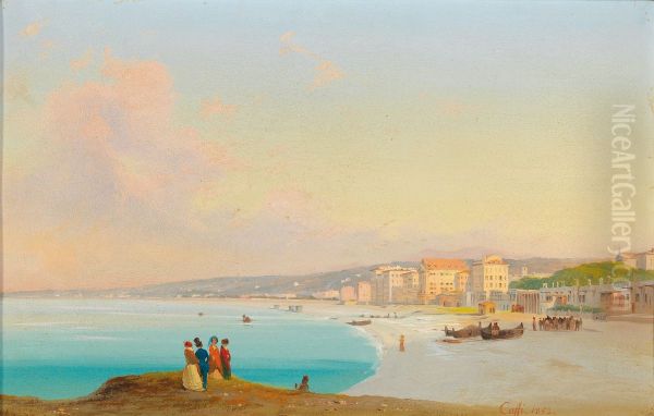Nice. View of the Beach seen from Quai du Midi Oil Painting by Ippolito Caffi