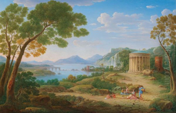 classical landscape with figures seated before a tempietto Oil Painting by Hendrik Frans Van Lint