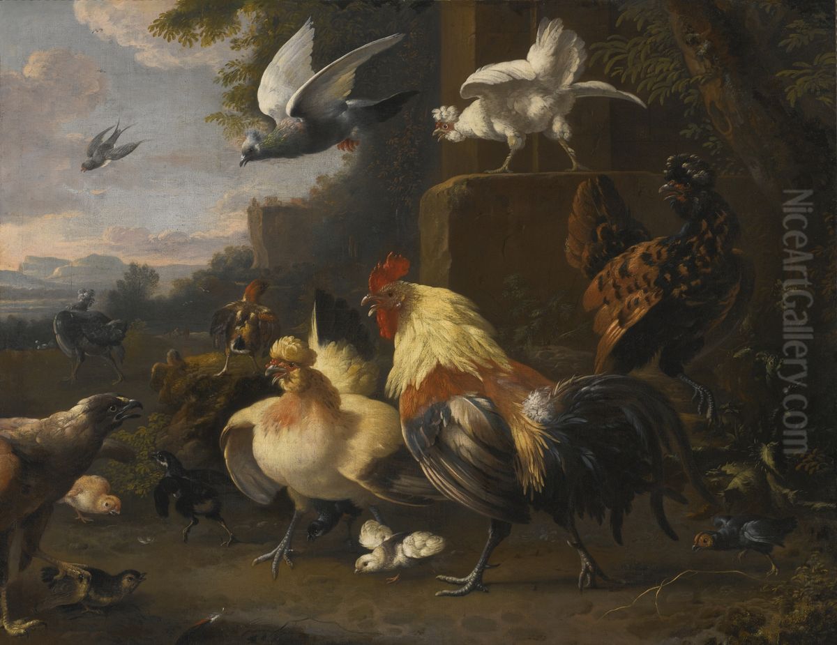 Un aigle face a un jeune coq, des poules, des pigeons en vol et d'autres oiseaux Oil Painting by Melchior D'Hondecoeter
