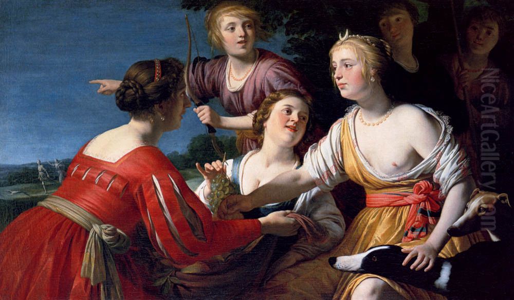 Diana resting after the hunt, with shepherdesses and two greyhounds, a landscape beyond Oil Painting by Gerard van Honthorst