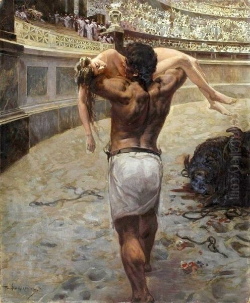 Ursus Saves Ligia (from Quo Vadis) Oil Painting by Piotr Stachiewicz