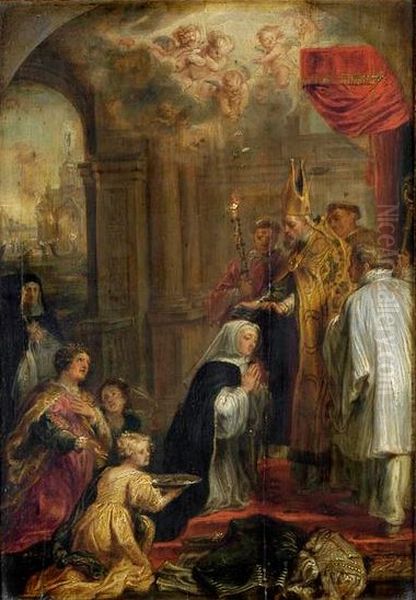 La Prise de voile de sainte Gertrude et l'incendie de l'abbaye de Nivelles Oil Painting by Abraham van Diepenbeeck