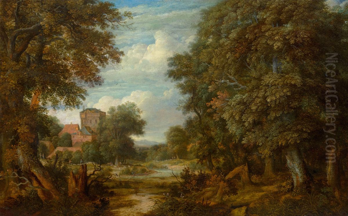 Wooded landscape with figures by a river Oil Painting by Pieter Stalpaert