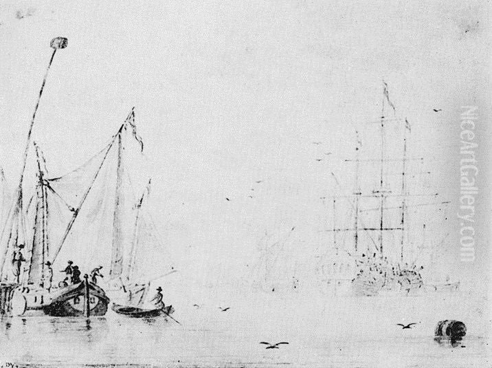 Sailboats and a ship on a calm sea. Oil Painting by Simon De Vlieger Sailboats and a ship on a calm sea. Oil Painting by Simon De Vlieger