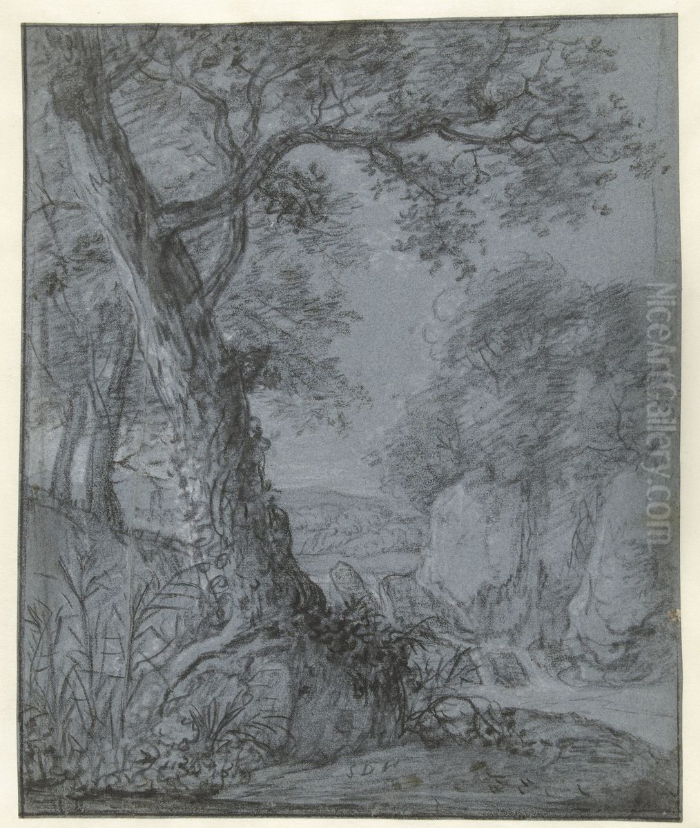 Tree in a hilly landscape with a waterfall and rocks Oil Painting by Simon De Vlieger Tree in a hilly landscape with a waterfall and rocks Oil Painting by Simon De Vlieger