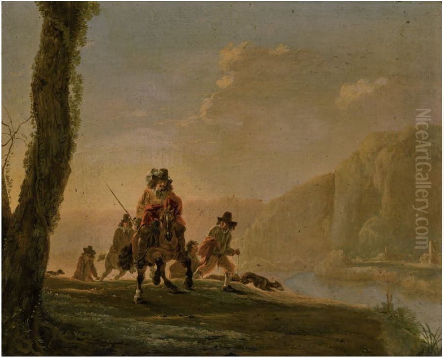 LANDSCAPE WITH A DEPARTURE FOR A HUNT Oil Painting by Jan Asselijn