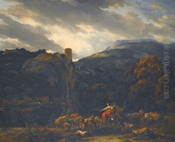 Mountain Landscape with herders and cattle Oil Painting by Nicolaes Pieterszoon Berchem