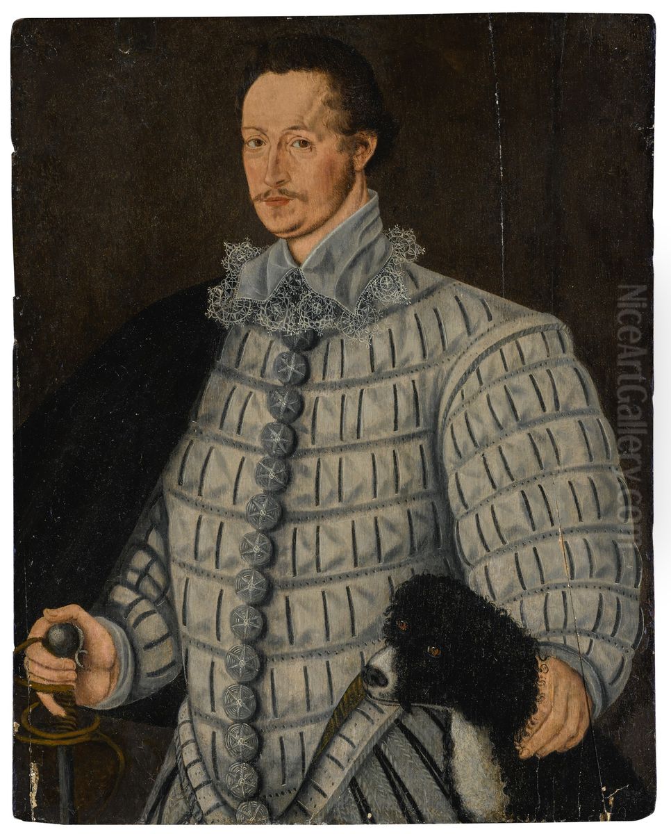 Portrait of a gentleman, three-quarter length, with his dog Oil Painting by George Gower
