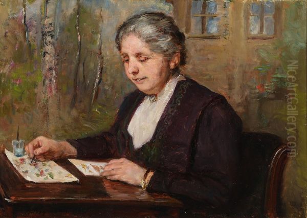 En kunstner ved sit tegnebord, i baggrunden et laerred med en birkeskov Oil Painting by Bertha Wegmann