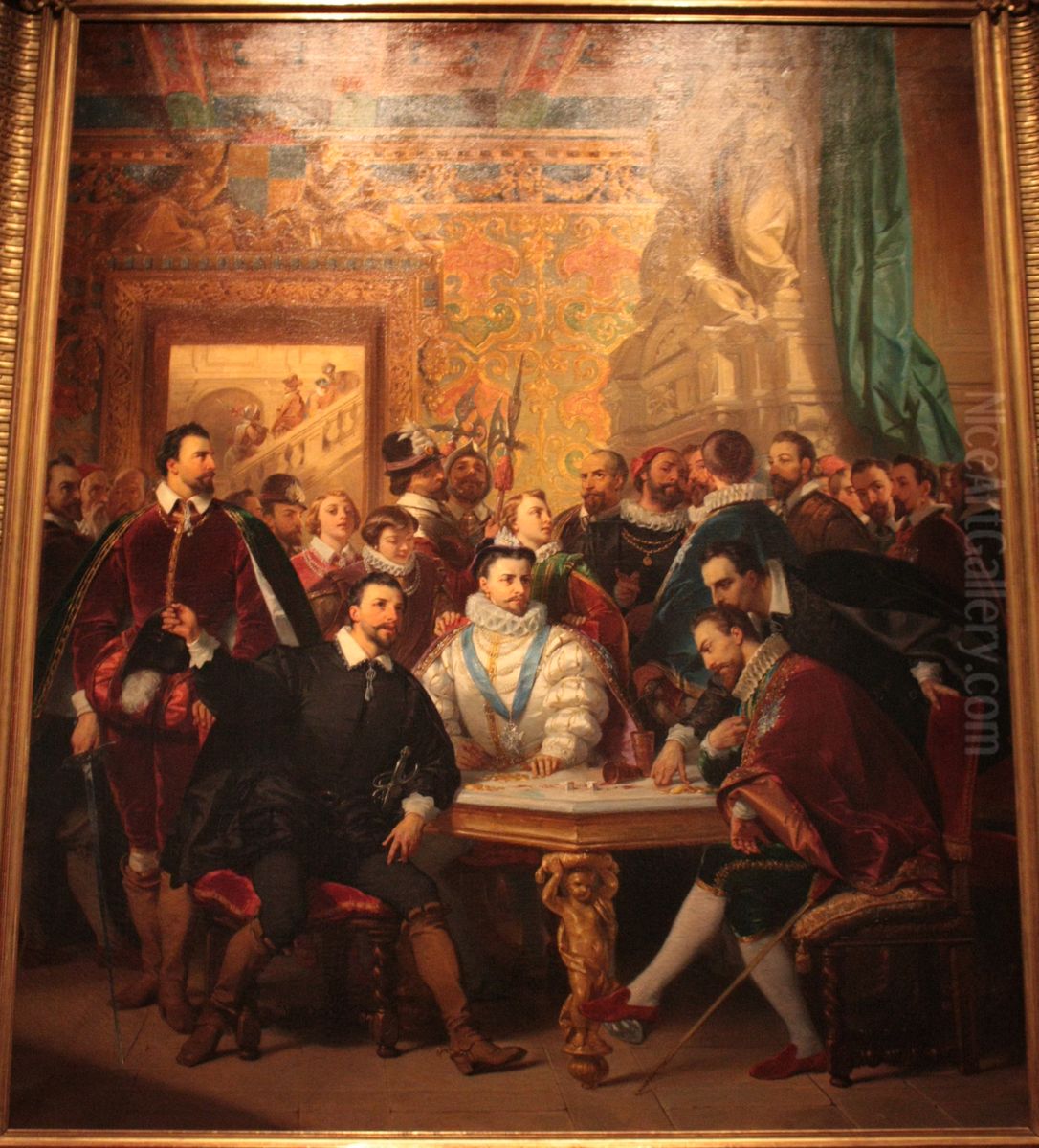 Les quatre Henri dans la maison de Crillon, a Avignon Oil Painting by Eugene Francois Marie Joseph Deveria
