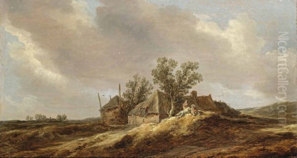 An extensive dune landscape with peasants resting in front of a farm house Oil Painting by Jan van Goyen