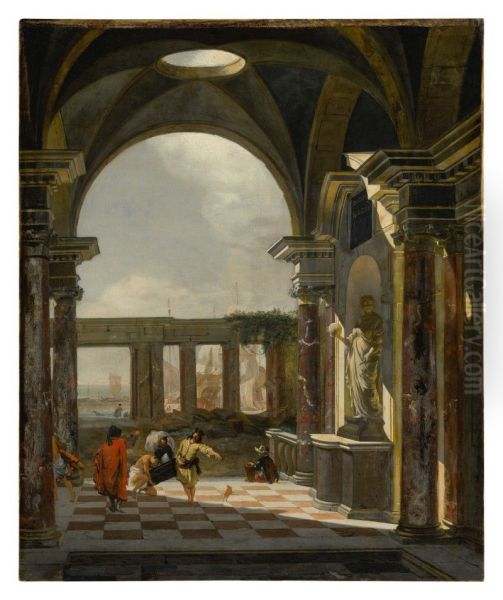 Architectural interior with foreign shippers, ruins and a shipyard beyond Oil Painting by Jan Baptist Weenix