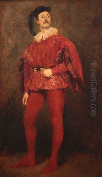 Portrait d'homme vetu d'un costume rouge Oil Painting by Achille-Jacques-Jean-Marie Deveria