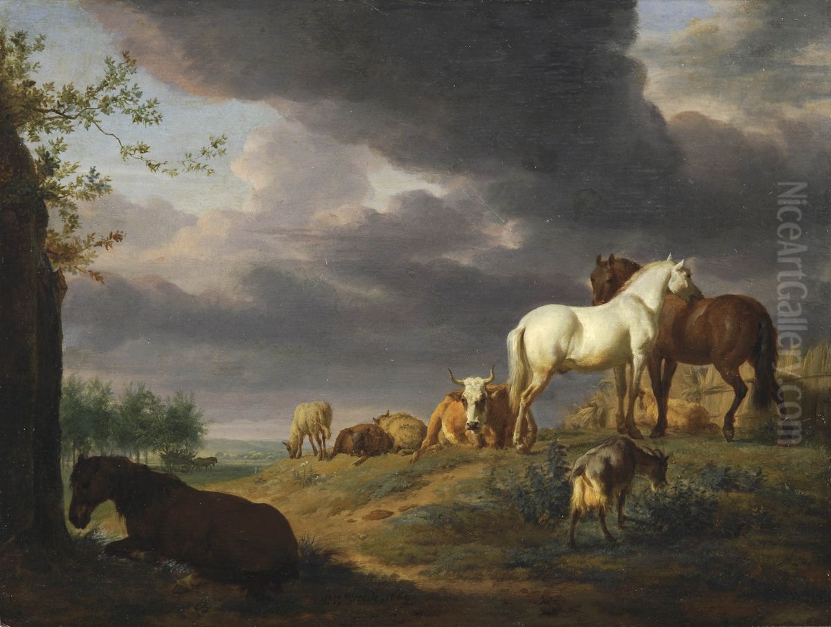 Landscape with horses and other livestock Oil Painting by Adriaen Van De Velde