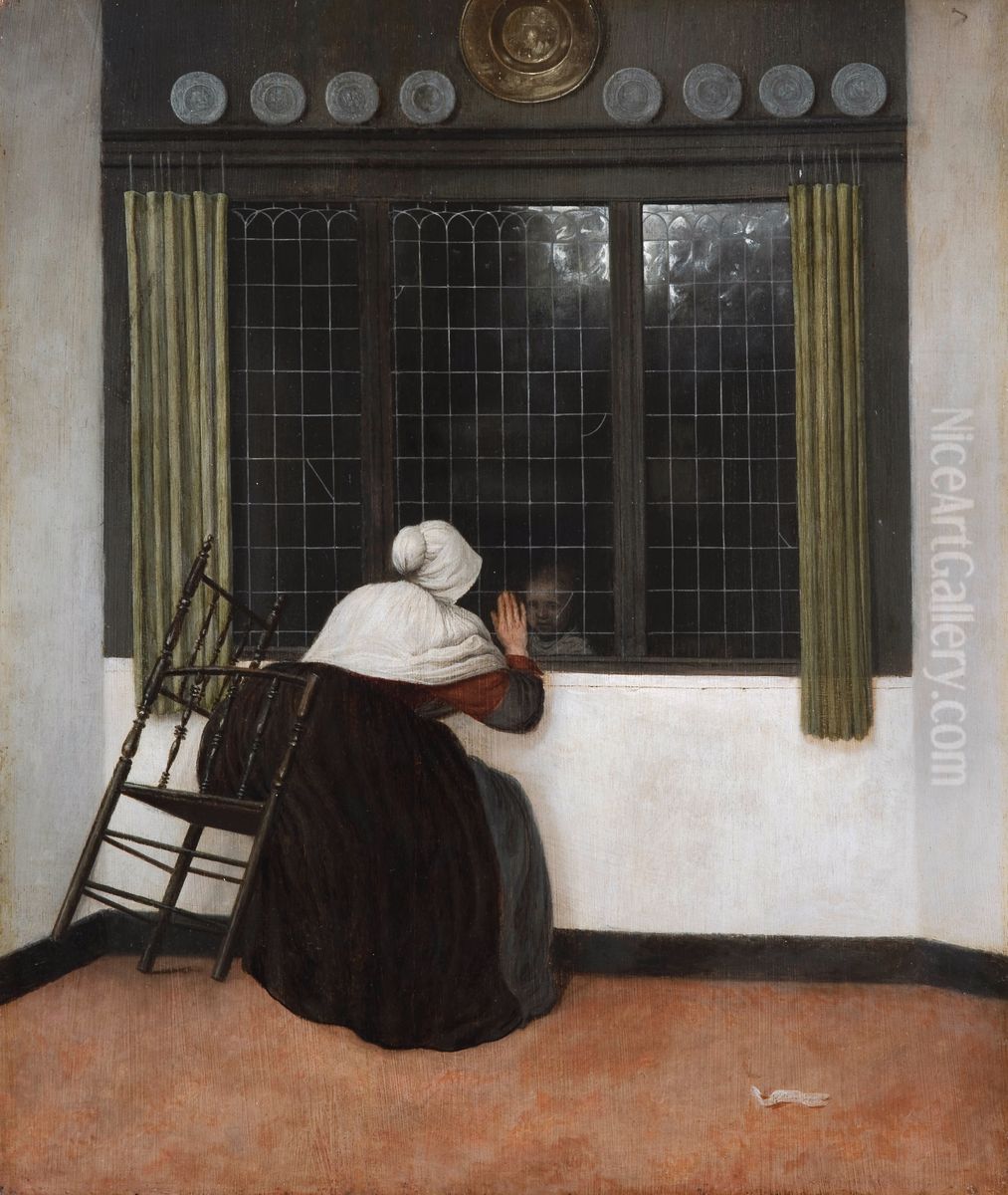 Woman at a window, waving at a girl Oil Painting by Jacob Vrel