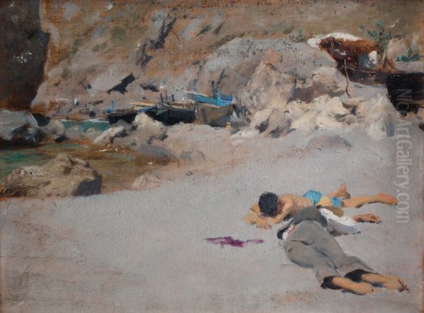 Tva pojkar pa stranden med batar Oil Painting by John Singer Sargent