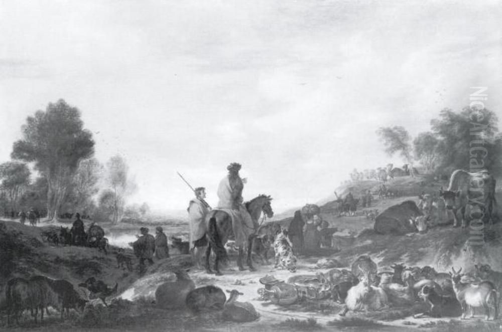 Landskap med figurer, boskap och husgerad Oil Painting by Cornelis Saftleven