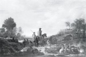 Landskap med figurer, boskap och husgerad Landskap med figurer, boskap och husgerad