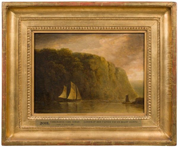 Landskap med vatten vid en brant klippa Oil Painting by Carl Johan Fahlcrantz