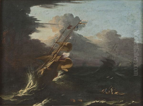 Ships in a Gale Oil Painting by Salvator Rosa