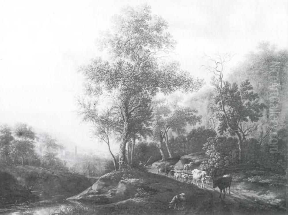 Landskap med vattendrag och boskap Oil Painting by Pieter van Asch