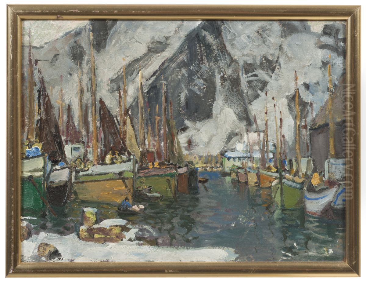 Among the Fishing Boats in Svolvaer. Study from Lofoten Oil Painting by Anna Katarina Boberg