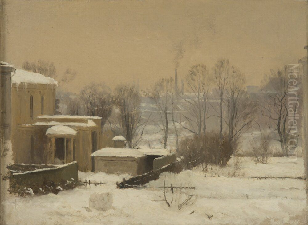Stadsparti i sno. Studie Oil Painting by Gustaf Rydberg
