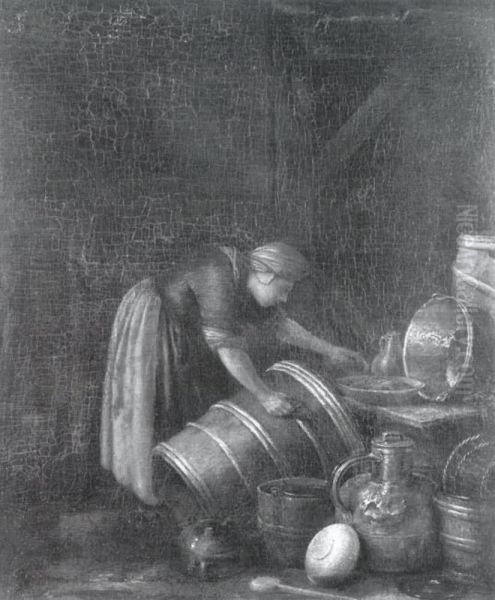 A Woman Scouring a Kitchen Pot Oil Painting by Herman Saftleven