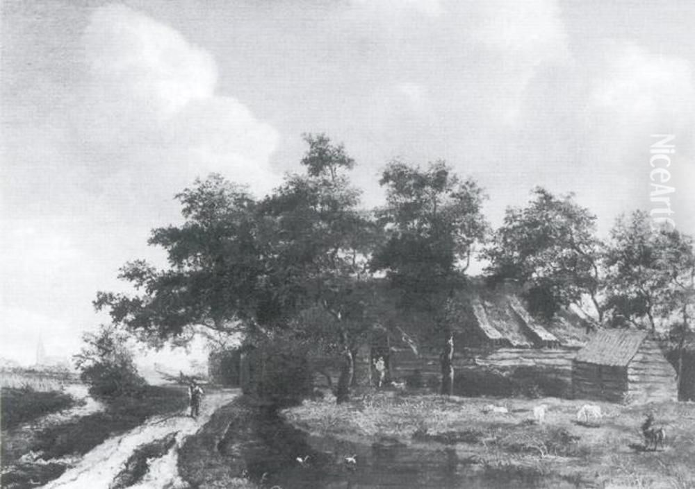 Skogslandskap med bondgard Oil Painting by Meindert Hobbema