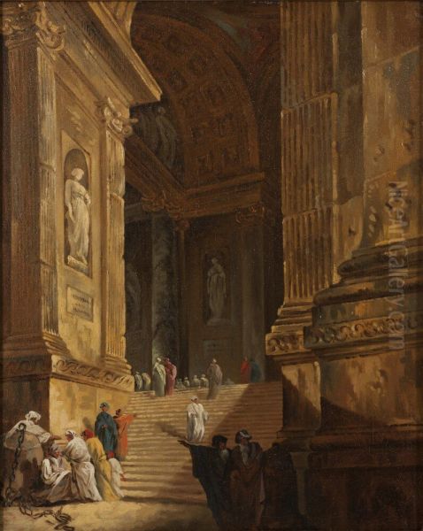 Tempeltrappa. Arkitekturstycke. Motstycke till NM 4860 Oil Painting by Johan Gottlob Brusell
