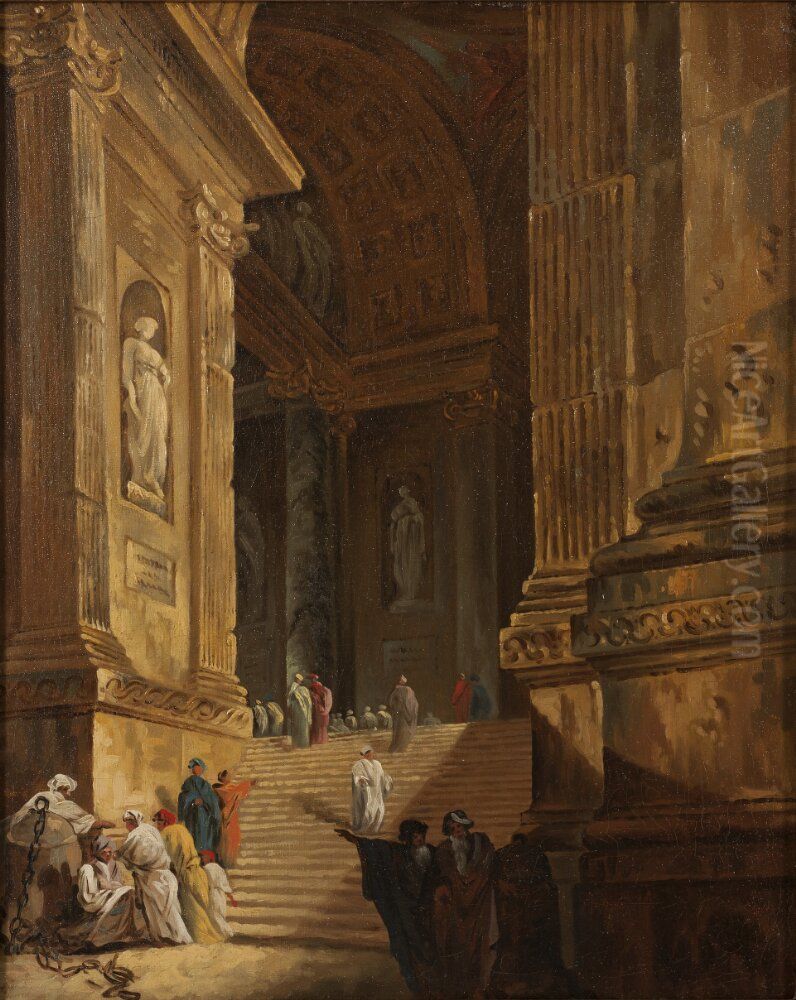 A Temple Staircase. Piece of Architecture Oil Painting by Johan Gottlob Brusell