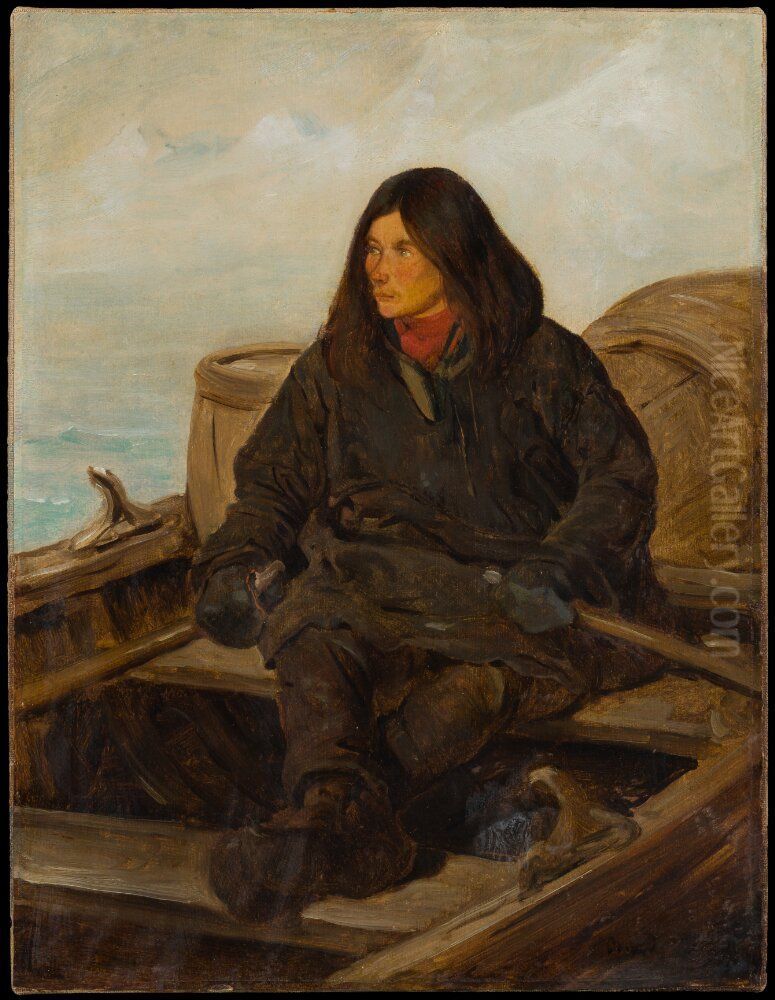 Young Lapp Rowing. Study Oil Painting by Francois-Auguste Biard