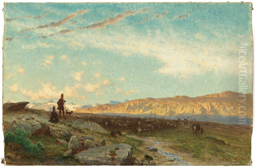 Laponian Landscape with Reindeer and Sami Oil Painting by Per Daniel Holm Laponian Landscape with Reindeer and Sami Oil Painting by Per Daniel Holm