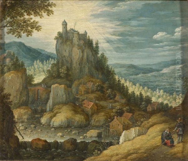 Mountain Landscape with a Castle (Christ on the Road to Emmaus) Oil Painting by Marten Ryckaert