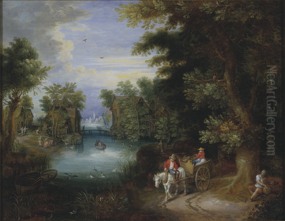 Flodlandskap med bonder Oil Painting by Adriaen Van Stalbemt