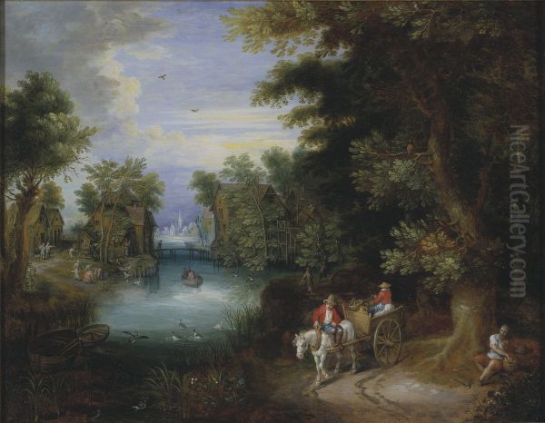 River Landscape with Peasants Oil Painting by Adriaen Van Stalbemt